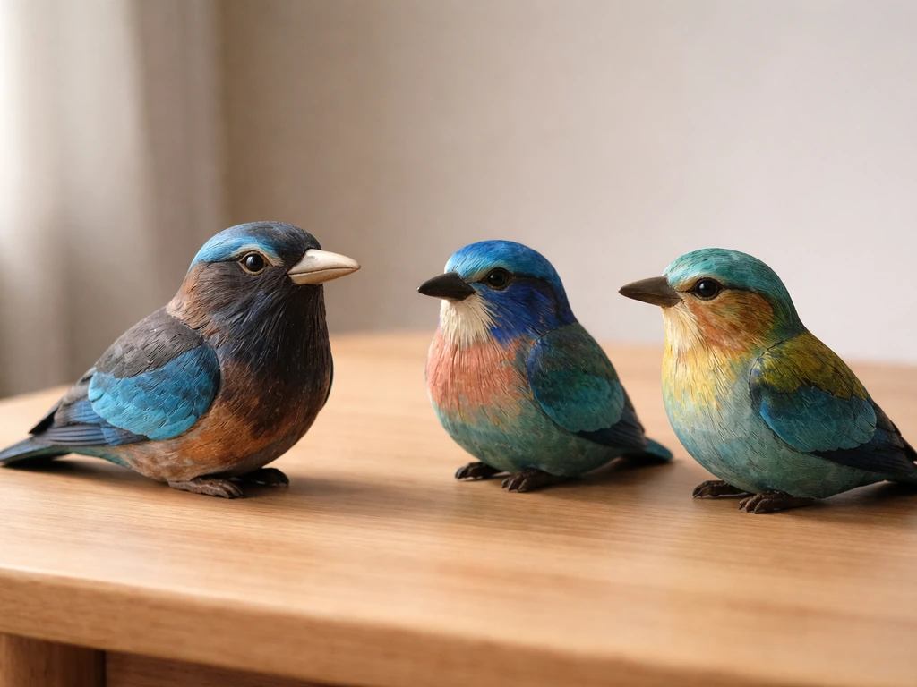 Three small roller-like bird carvings on a light table, symbolizing Telangana, Odisha, and Karnataka sharing one bird.