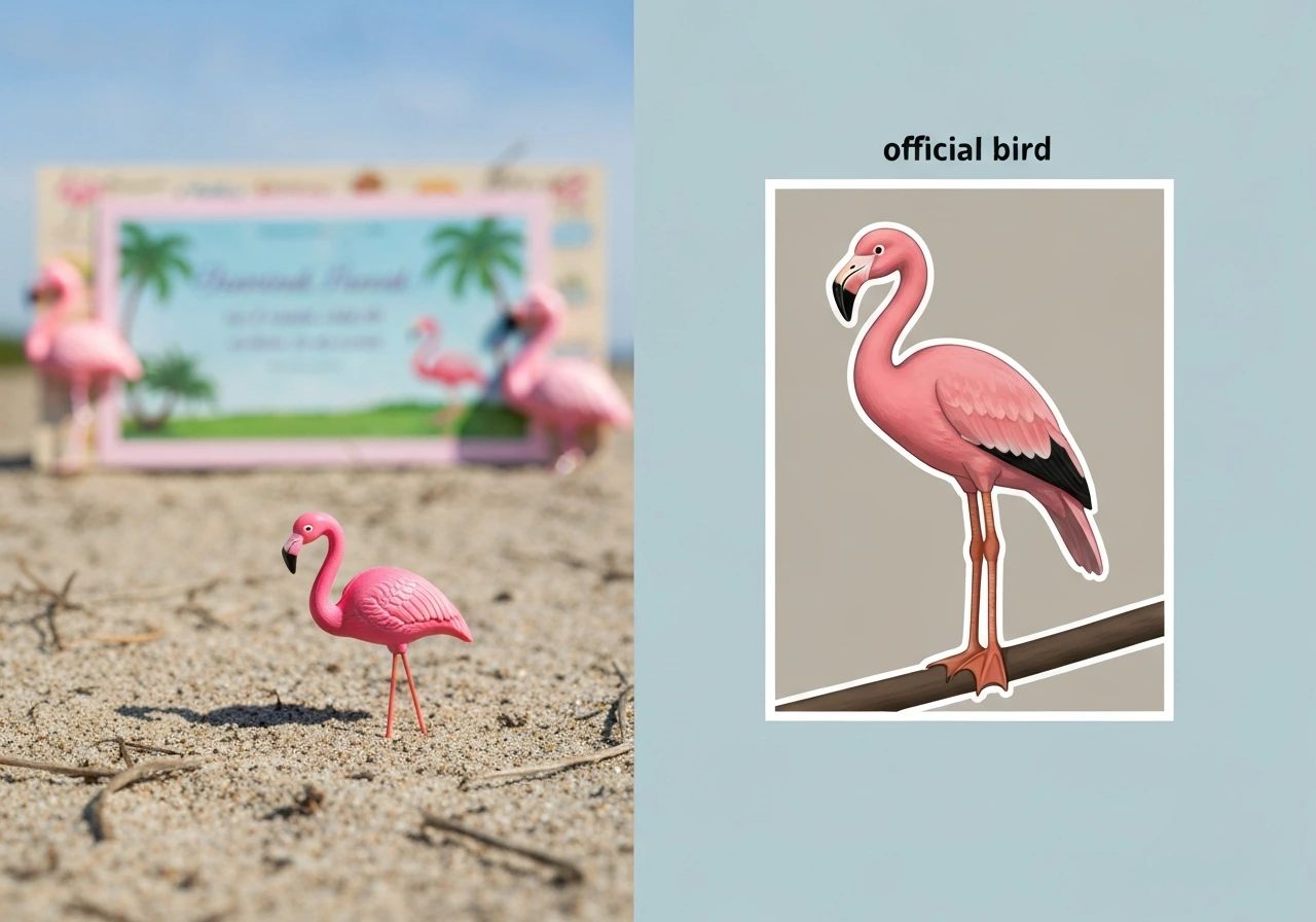 Collage of flamingo lawn ornament and souvenir-style items next to a plain bird in Florida tones