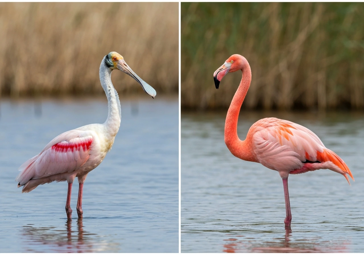 Side-by-side photos of a pink spoonbill-like wader and a flamingo-like bird standing in shallow water.