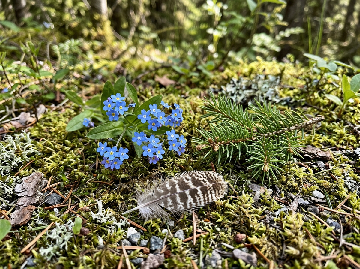 Alaska state flower and state tree shown side by side with a ptarmigan feather