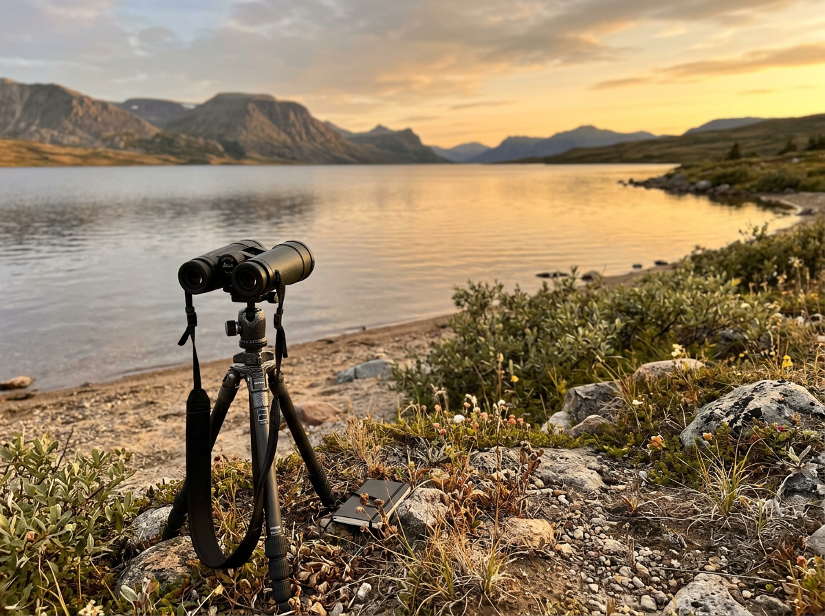 Binoculars by an Alaskan lake shoreline as a willow ptarmigan viewing spot