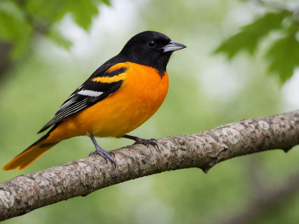 Baltimore Oriole perched in a Maryland-like tree, showing bright black and orange plumage.