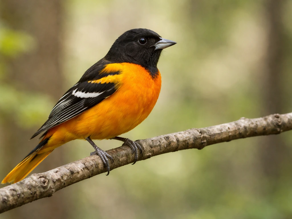 Close-up of a Baltimore Oriole with vivid black and orange plumage against a simple natural background.
