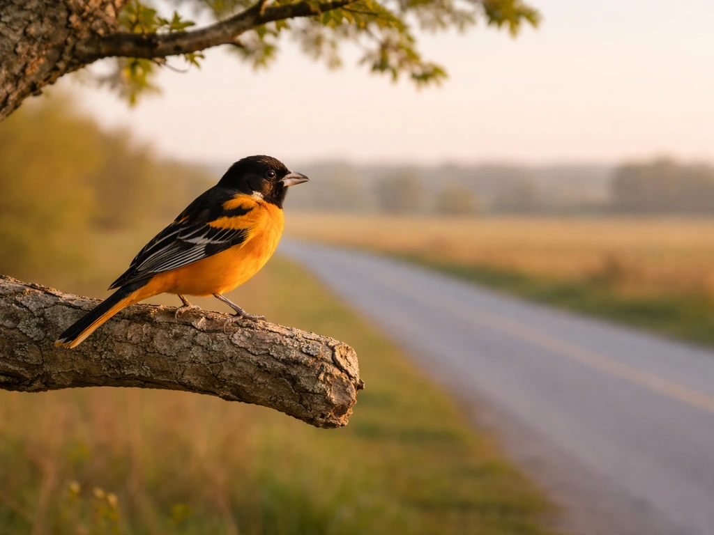 Baltimore Oriole perched on a large tree beside a quiet Maryland country road