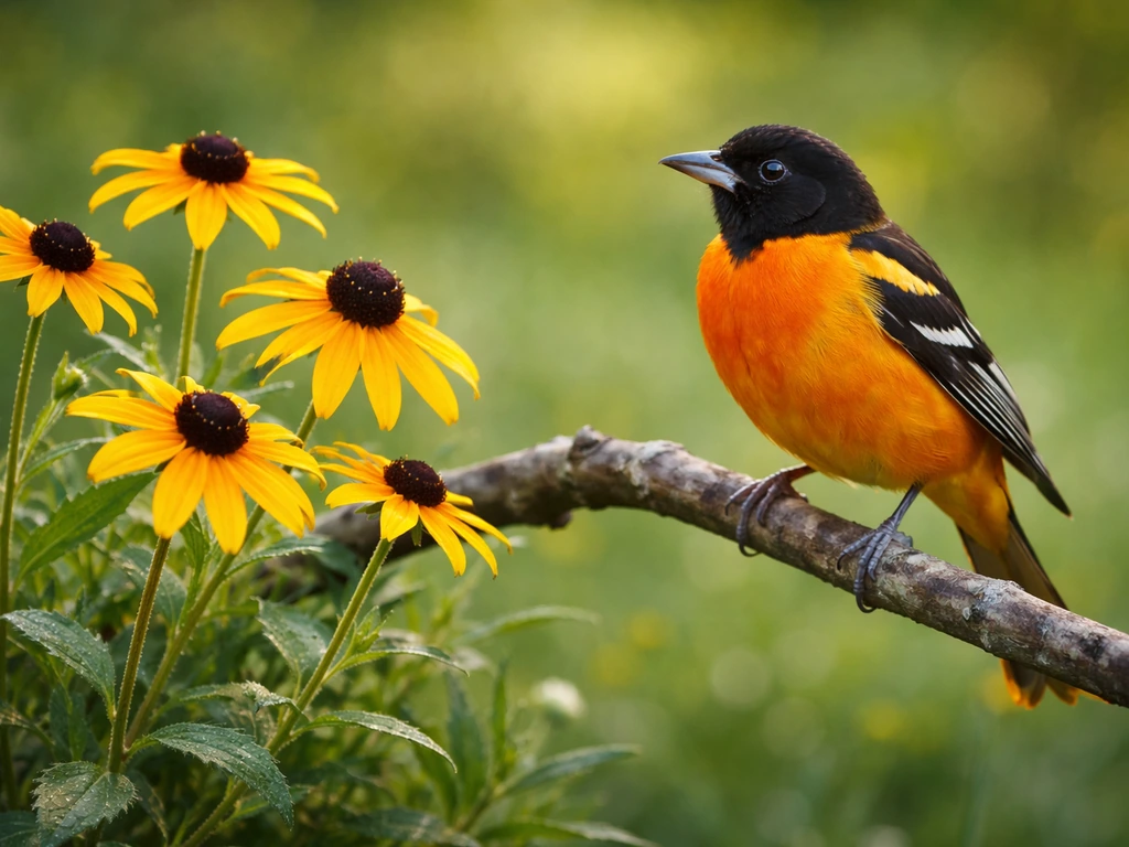 Baltimore Oriole perched near black-eyed Susan flowers in a simple garden setting
