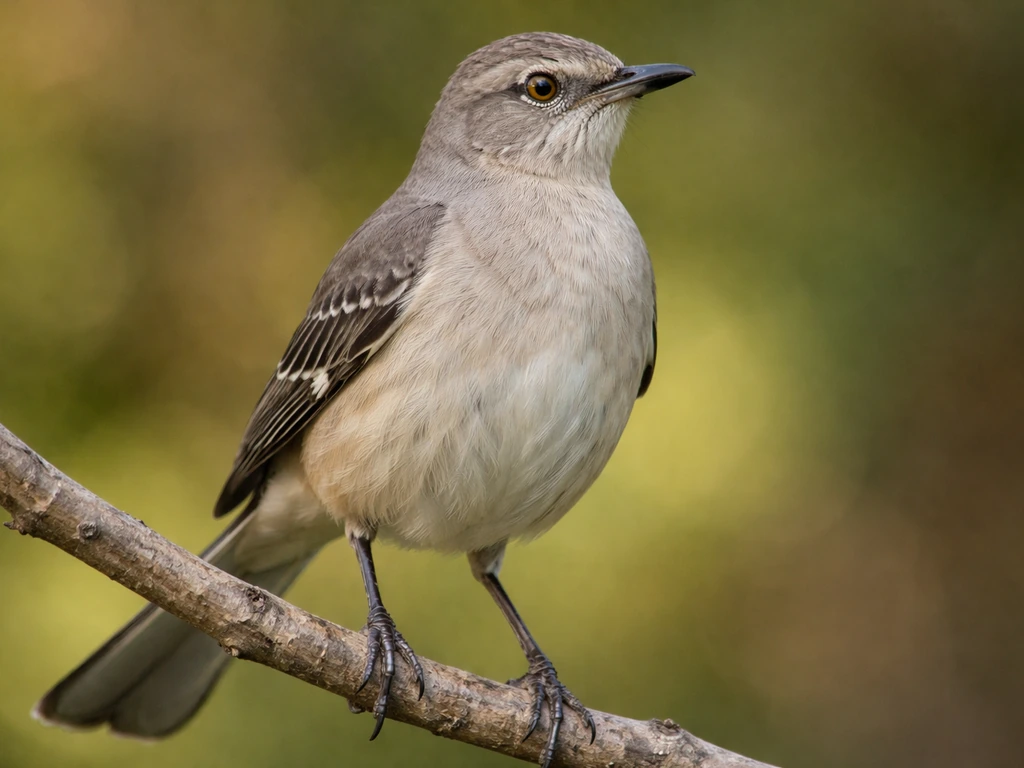 Northern mockingbird perched outdoors, gray-brown upperparts and pale underparts visible in close-up.