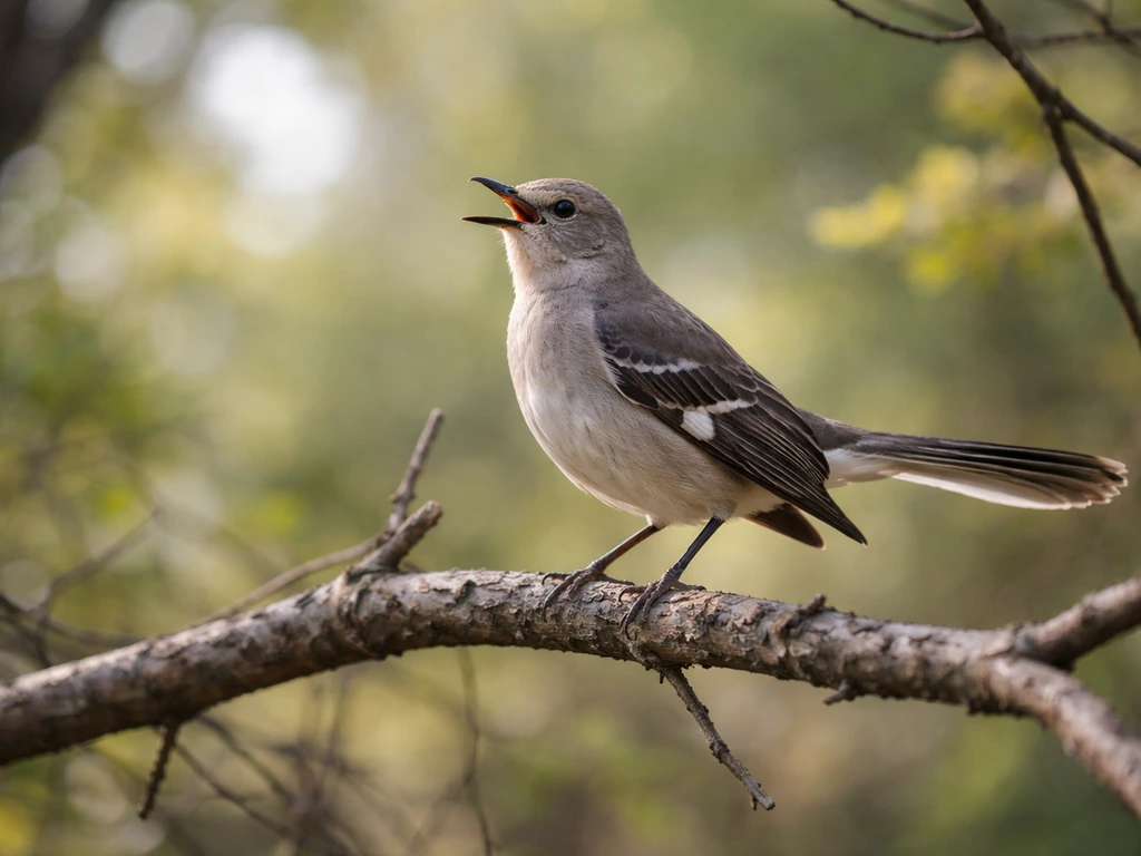 Northern mockingbird perched on a branch, open tail, singing in a Texas-like woodland setting.