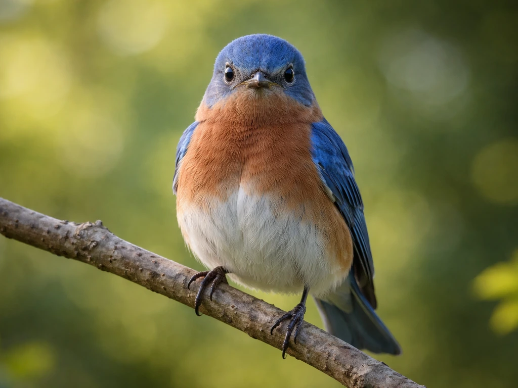 An Eastern Bluebird perched on a branch in natural light, bright blue feathers against soft greenery