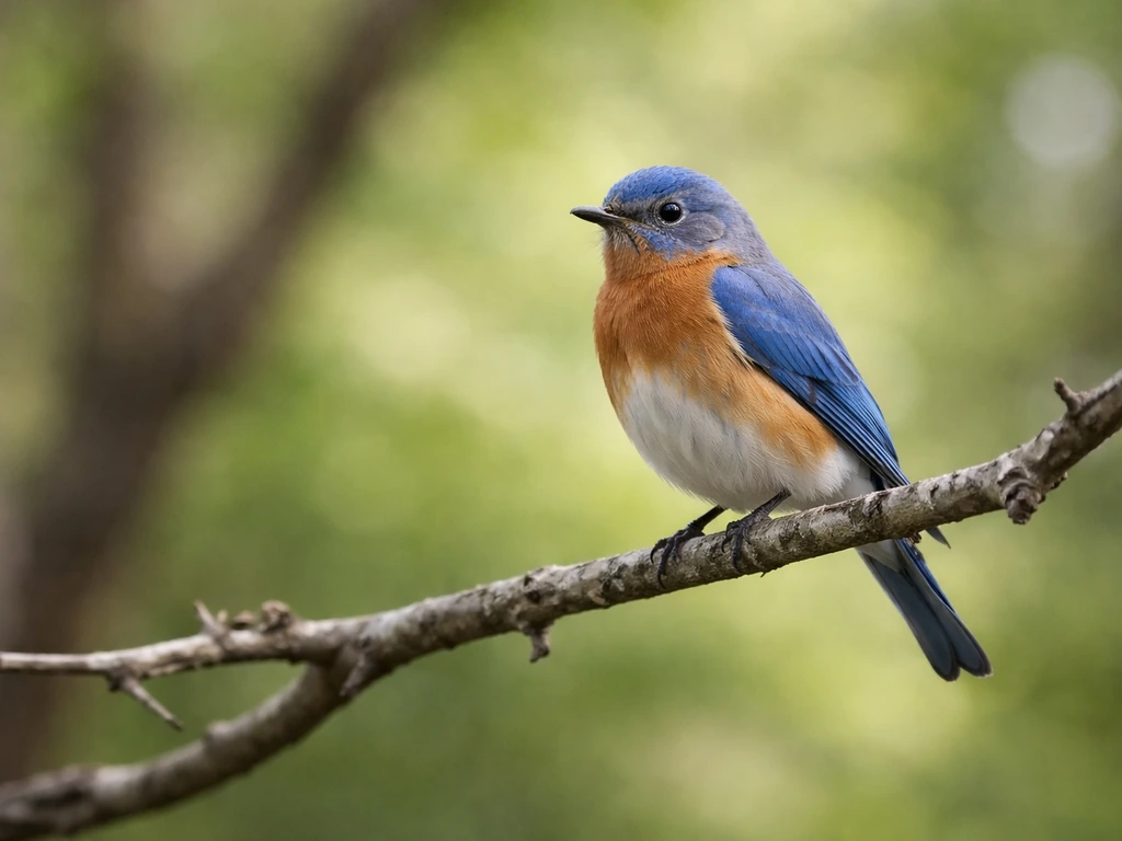 Eastern Bluebird perched on a branch, showing blue upperparts and rusty orange chest.