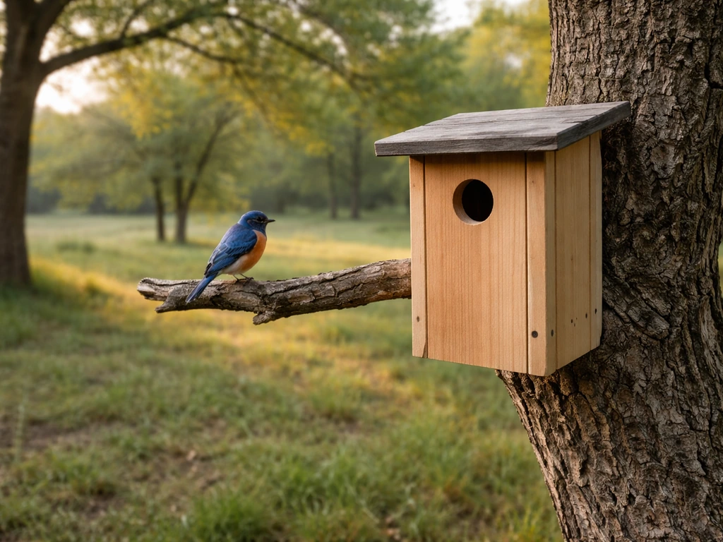 An Eastern bluebird perched by a nest box on a tree at the edge of a meadow orchard.
