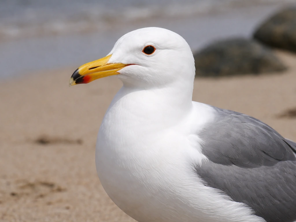 Close-up of an adult California gull’s head and wing detail on a beach, showing yellow bill and gray-white plumage.
