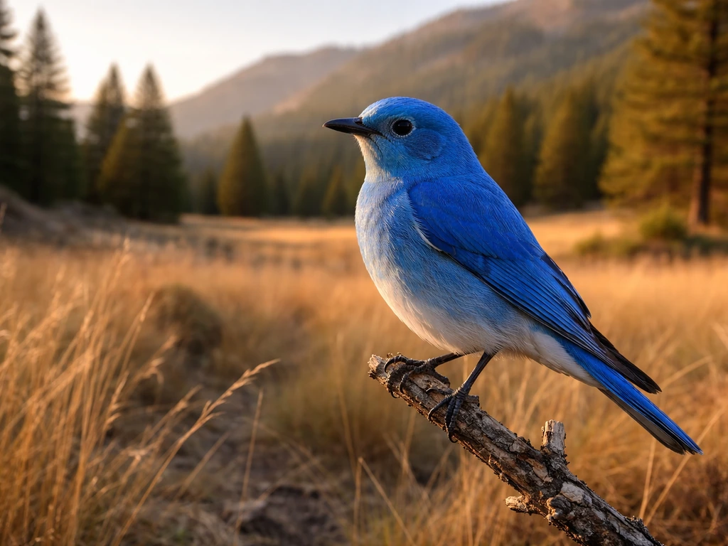 Electric-blue mountain bluebird perched in a golden-hour Nevada mountain meadow.
