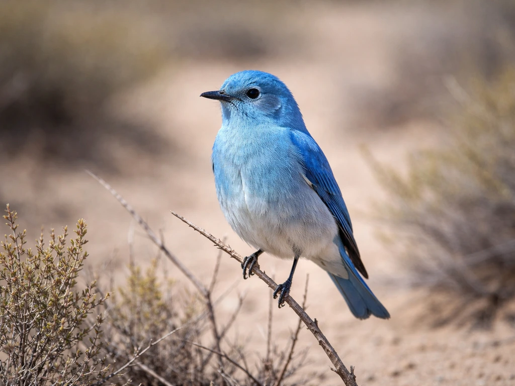 Mountain bluebird perched upright on a Nevada branch, showing slim bill and round head in natural light.