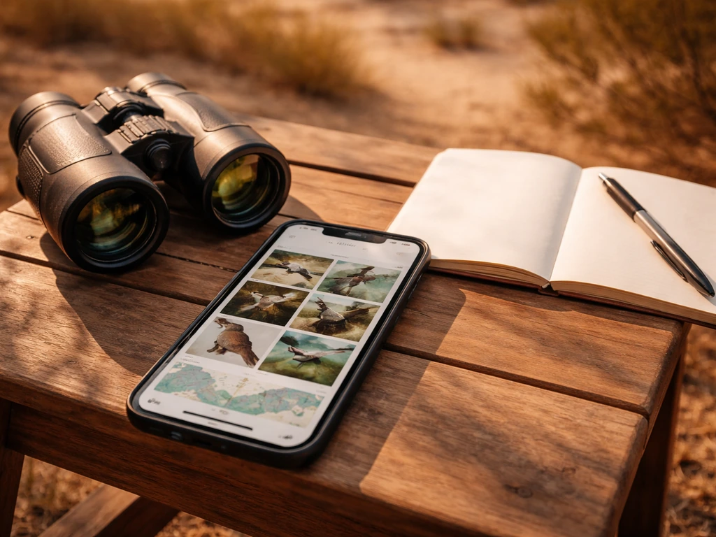 Close-up of a phone displaying a bird guide with photo thumbnails, beside binoculars on a table.