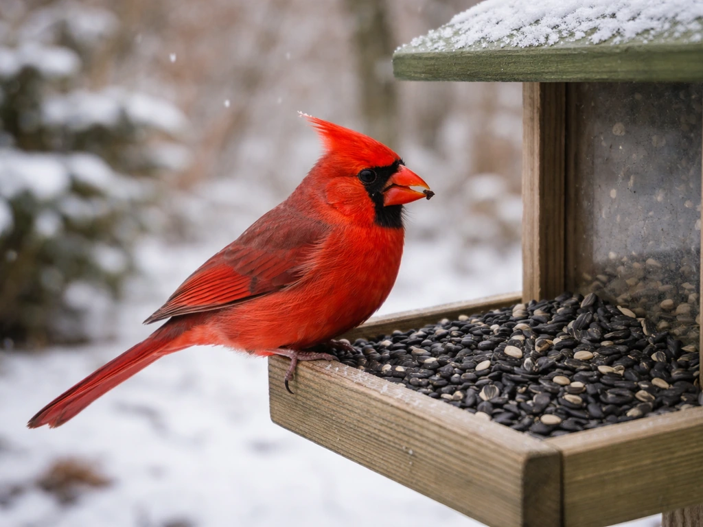 Northern cardinal perched at an Ohio backyard feeder with black-oil sunflower seeds.