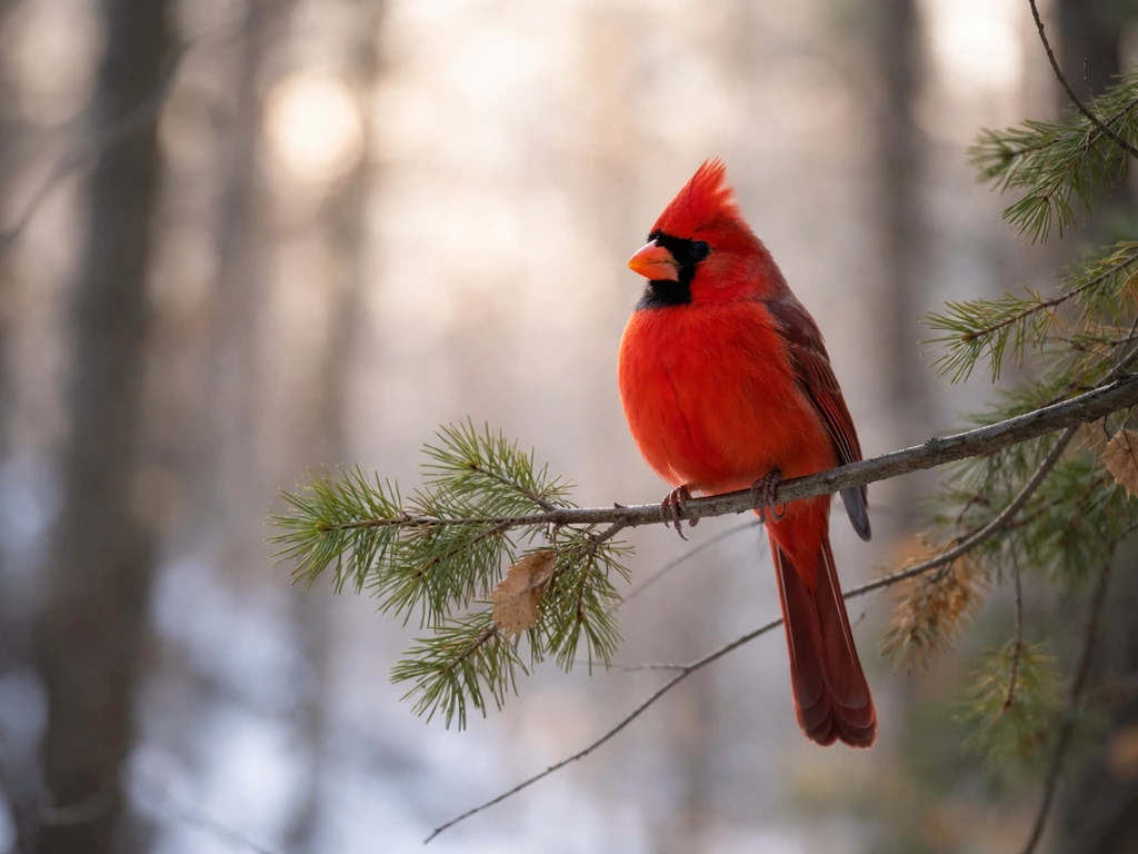 Northern Cardinal perched on a branch against a softly blurred winter forest background