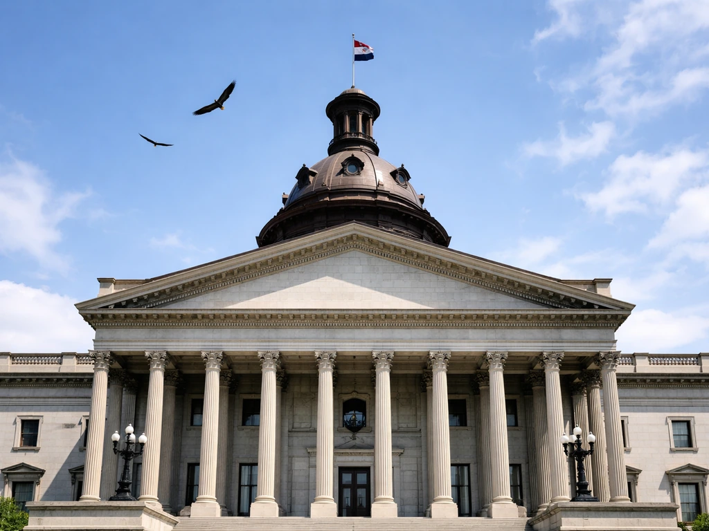 South Carolina Statehouse exterior with a subtle bald eagle motif in the sky