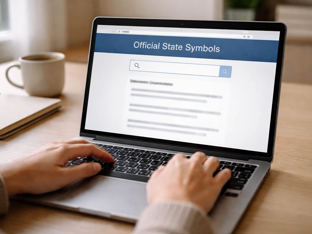 Laptop showing an official state symbols webpage with search results, focused on a clean interface.