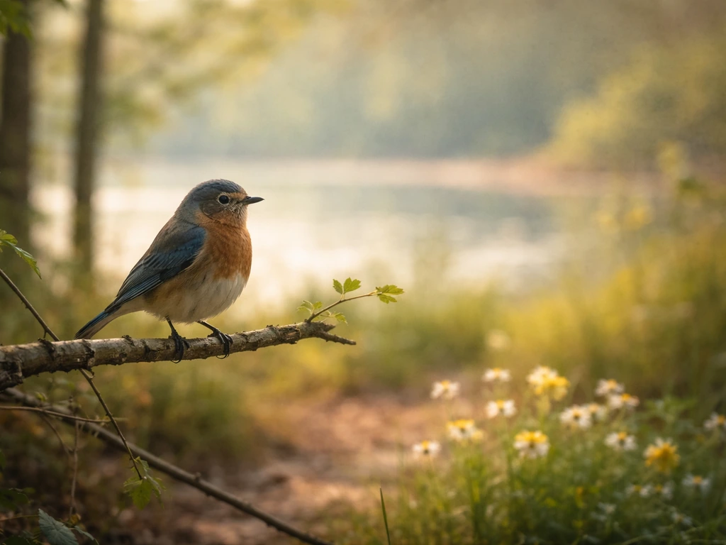 A bird perched in a simple natural habitat with subtle hints of local history and conservation.