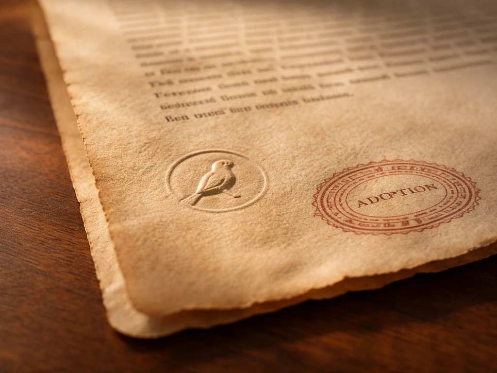 Close-up of aged parchment with a small bird seal and vintage adoption-year stamp impression.