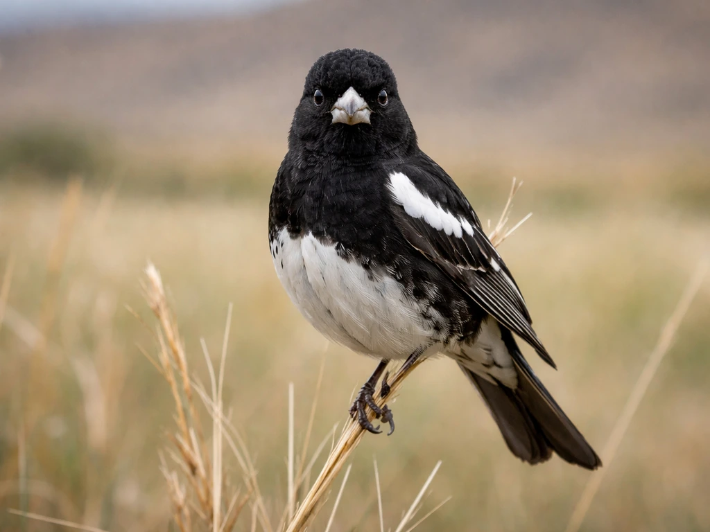 Lark bunting perched on prairie grass in Colorado, close-up with blurred shortgrass landscape behind