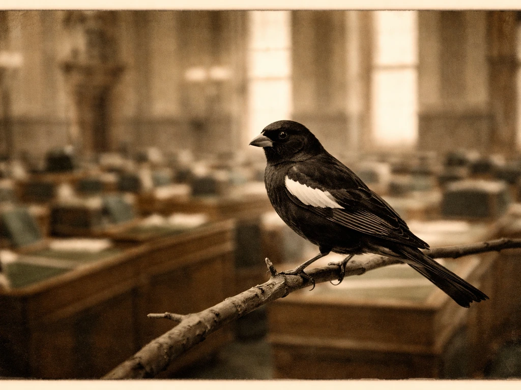 Sepia-toned 1930s legislative chamber background with a lark bunting silhouette on a branch in front.