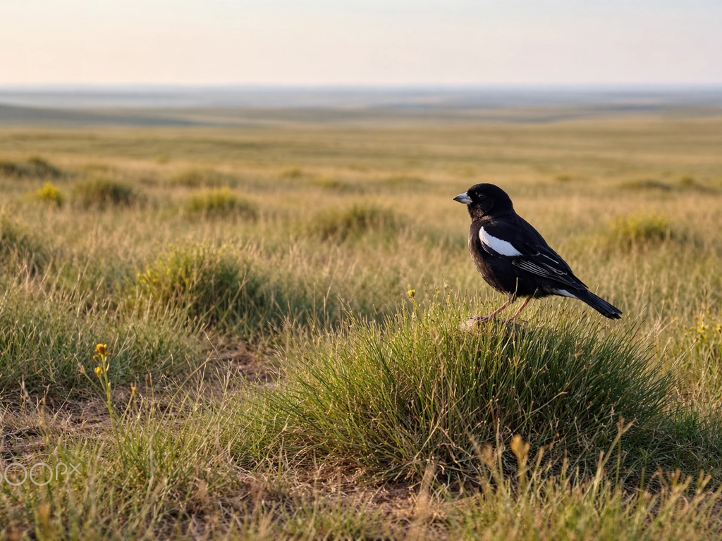 Lark bunting perched in shortgrass prairie on Colorado’s eastern plains with open horizon background.