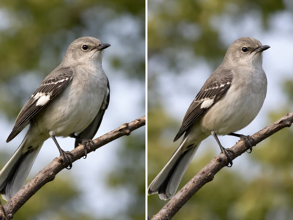 Side-by-side photos of the same-looking mockingbird perched on branches, showing naming confusion.