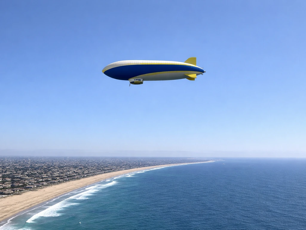 An identifiable Goodyear blimp glides over Redondo Beach sky above the coastline.