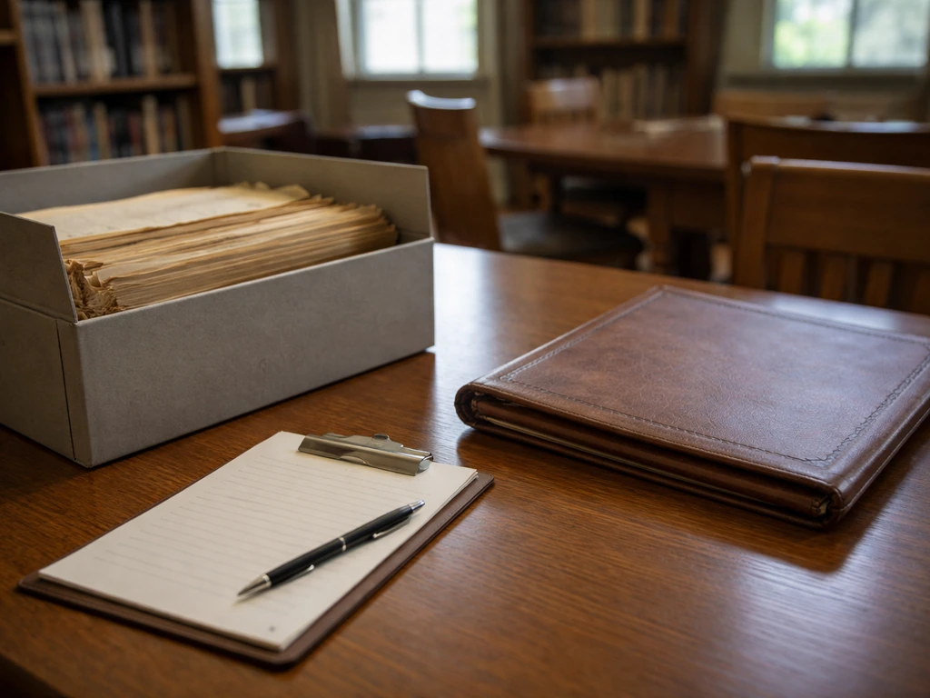 Archival-style documents and a closed leather folder in a dim records room