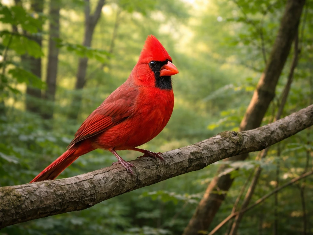 A Northern Cardinal perched on a branch in a natural Ohio woodland setting.