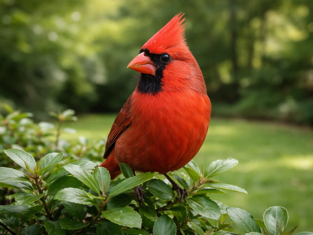 Male Northern Cardinal with red crest perched in an Ohio backyard shrub, close-up outdoor view.