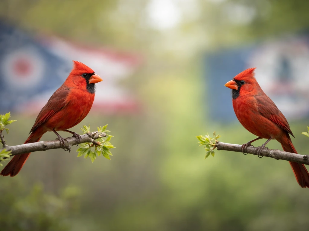 Two Northern Cardinals perched side-by-side with faint, blurred Ohio/Virginia cues in the background.