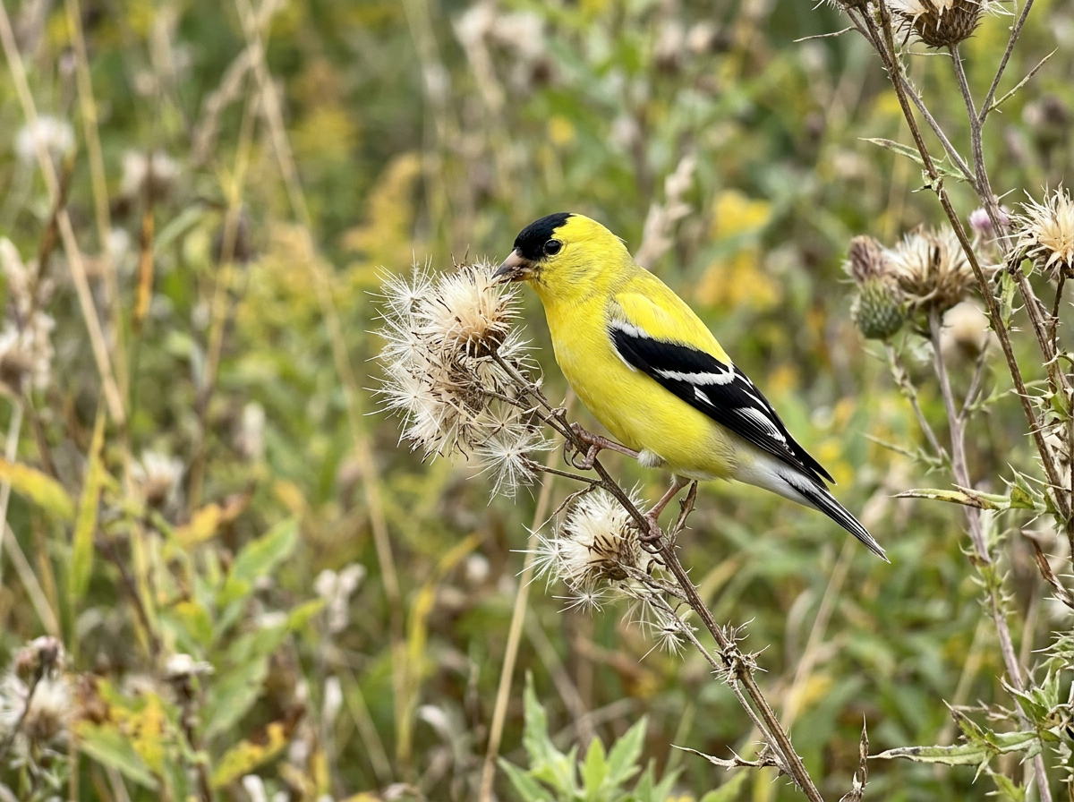 Male eastern goldfinch in breeding plumage, showing black cap and white wing bars