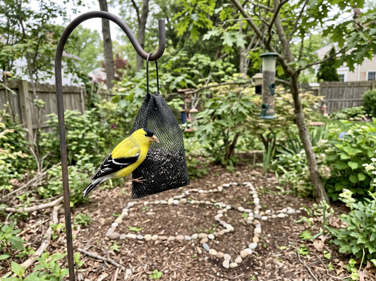 Eastern goldfinch feeding at a nyjer feeder in a backyard, suggesting shared states