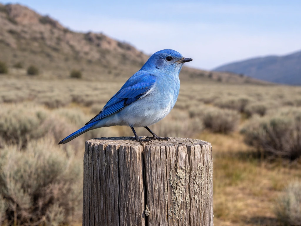 Mountain bluebird perched on a fence post in open sagebrush highlands of Idaho