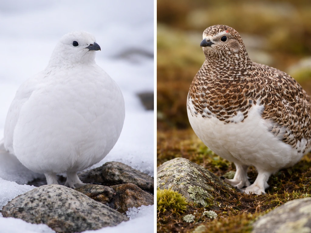 Two willow ptarmigan in simple natural settings, showing winter white and spring mottled plumage