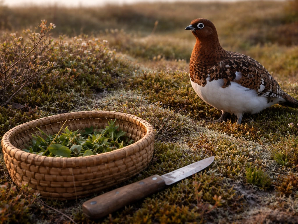 Willow ptarmigan perched on Alaska tundra beside a woven basket with gathered greens.