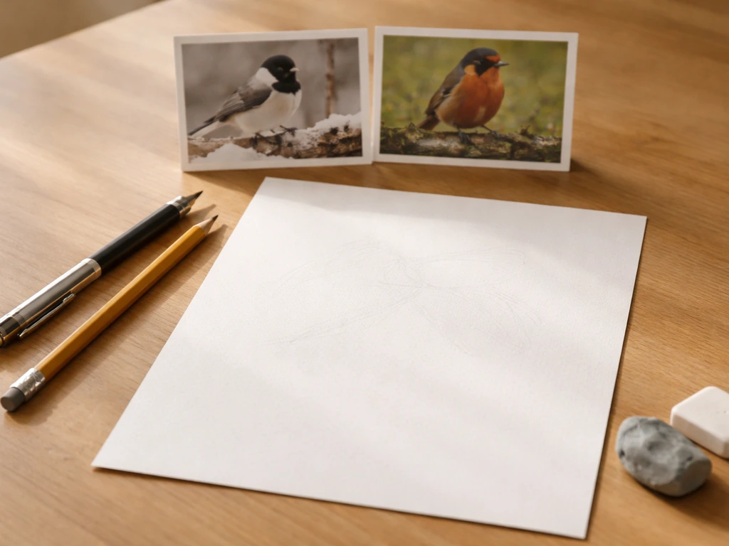 Minimal bird-drawing workspace with reference photos, pencil, eraser, kneaded eraser, and sketch paper