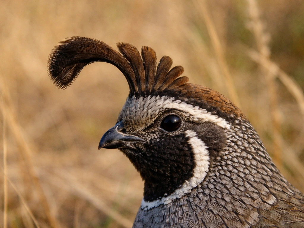 Close-up of a California quail’s crest (topknot), teardrop-shaped feather cluster in natural light.