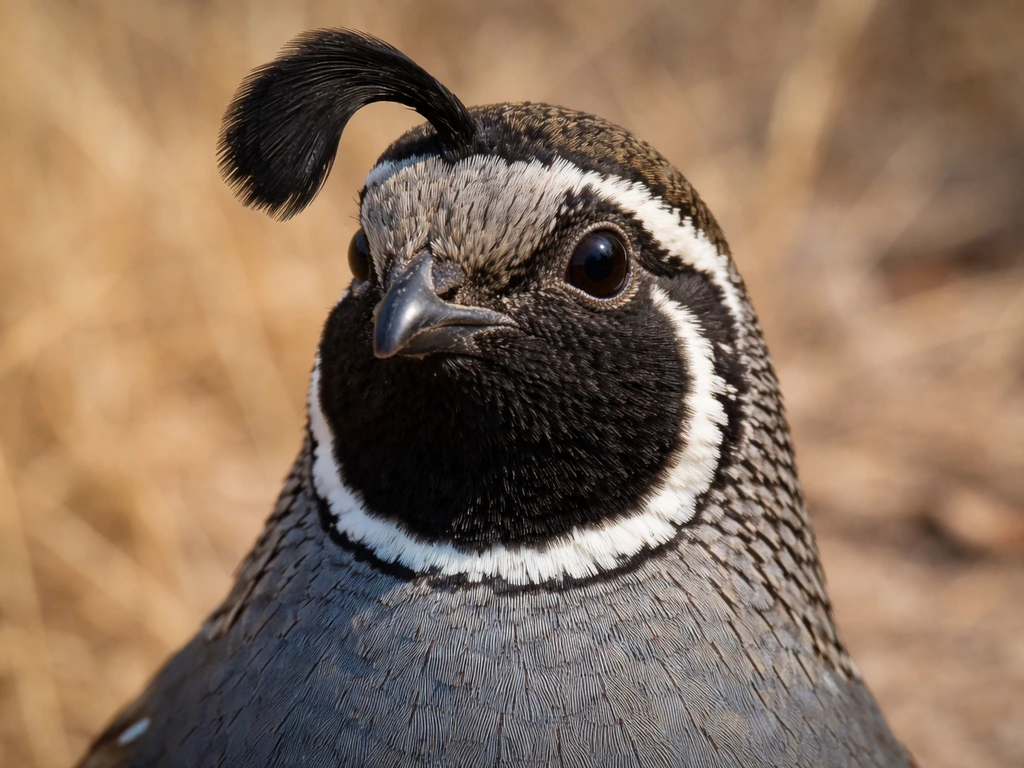 Close-up of a California quail’s face with a black mask and crisp white-bordered lines.