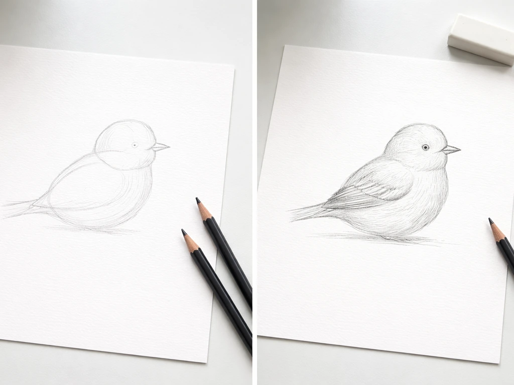 Two side-by-side pencil bird sketches: faint rough lines on the left, lightly shaded finished drawing on the right.