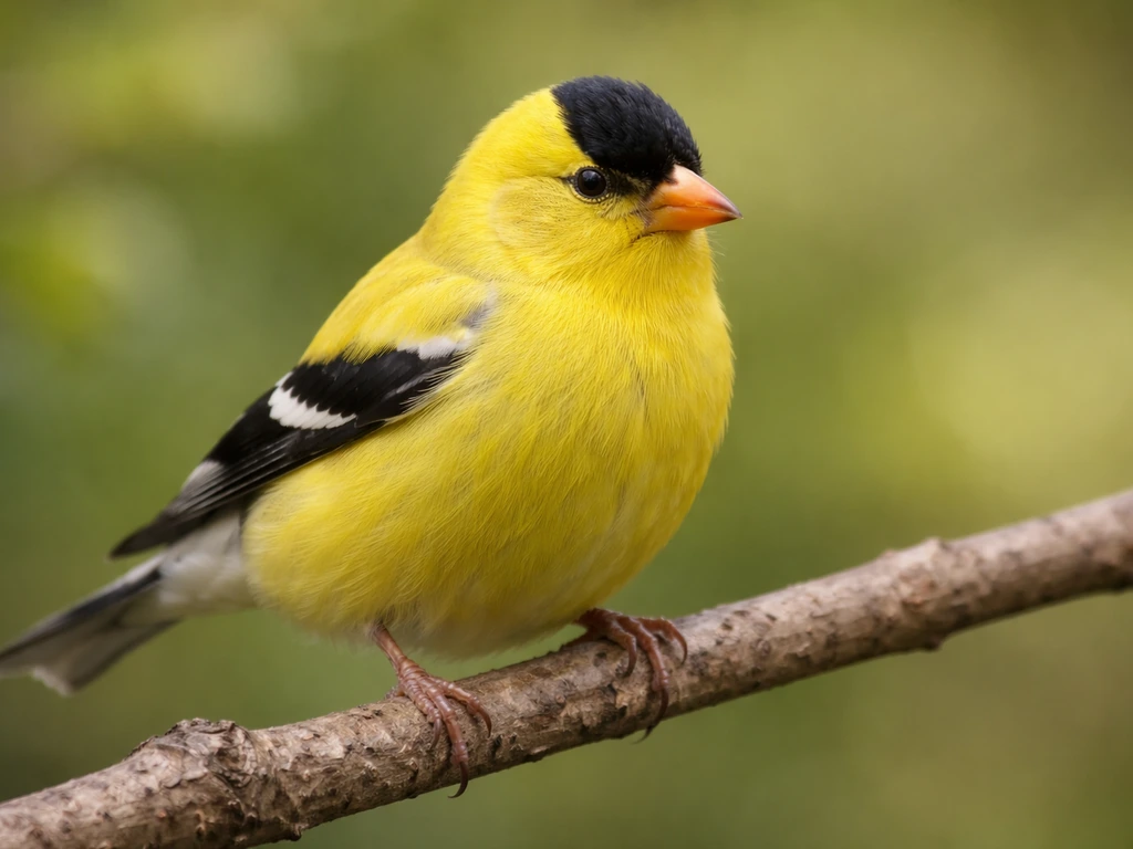 A small goldfinch perched on a twig, showing lemon-yellow feathers and a black cap.