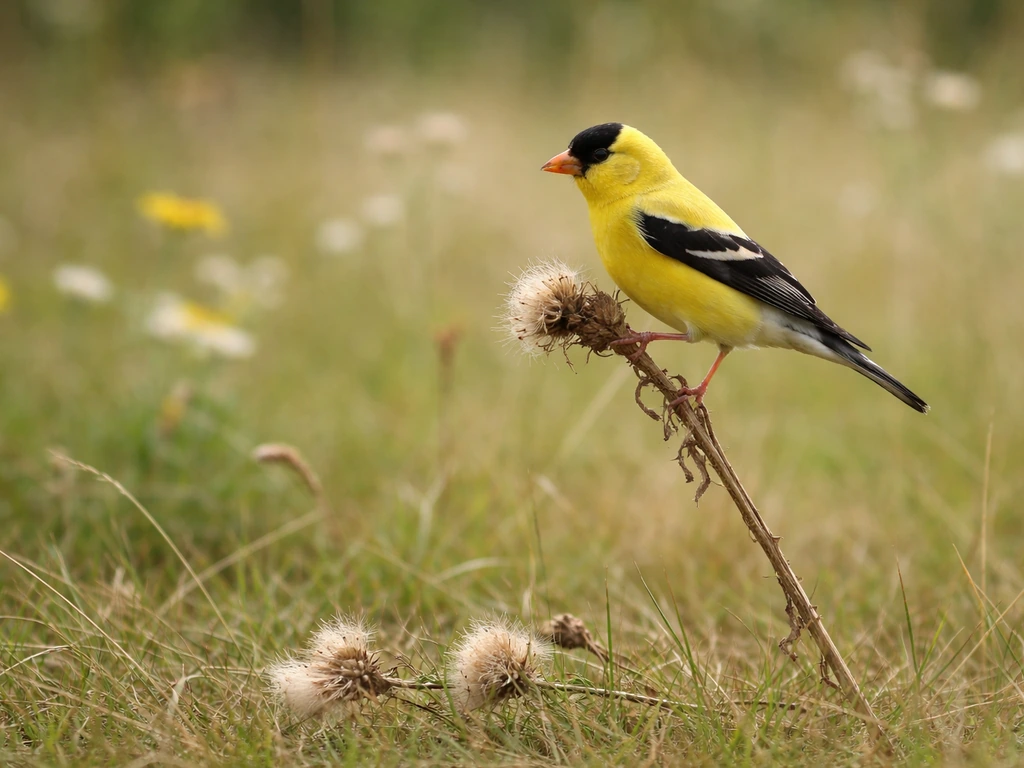 Eastern goldfinch perched by wildflowers in a calm Iowa park-like setting with seeds nearby.