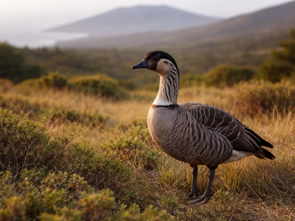 Nēnē goose standing in Hawaiian grass and low shrubs with a simple island landscape background.