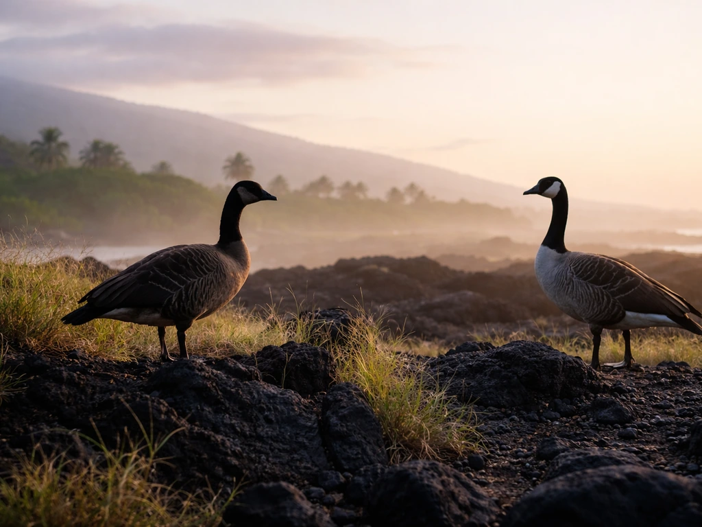 A generic nēnē-like bird and a Canada goose standing side by side on rocks in Hawaiʻi at dawn.