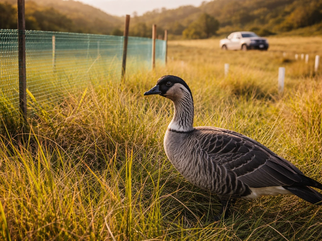 A nēnē standing in tall grass beside a fenced conservation area with distant ranger monitoring.
