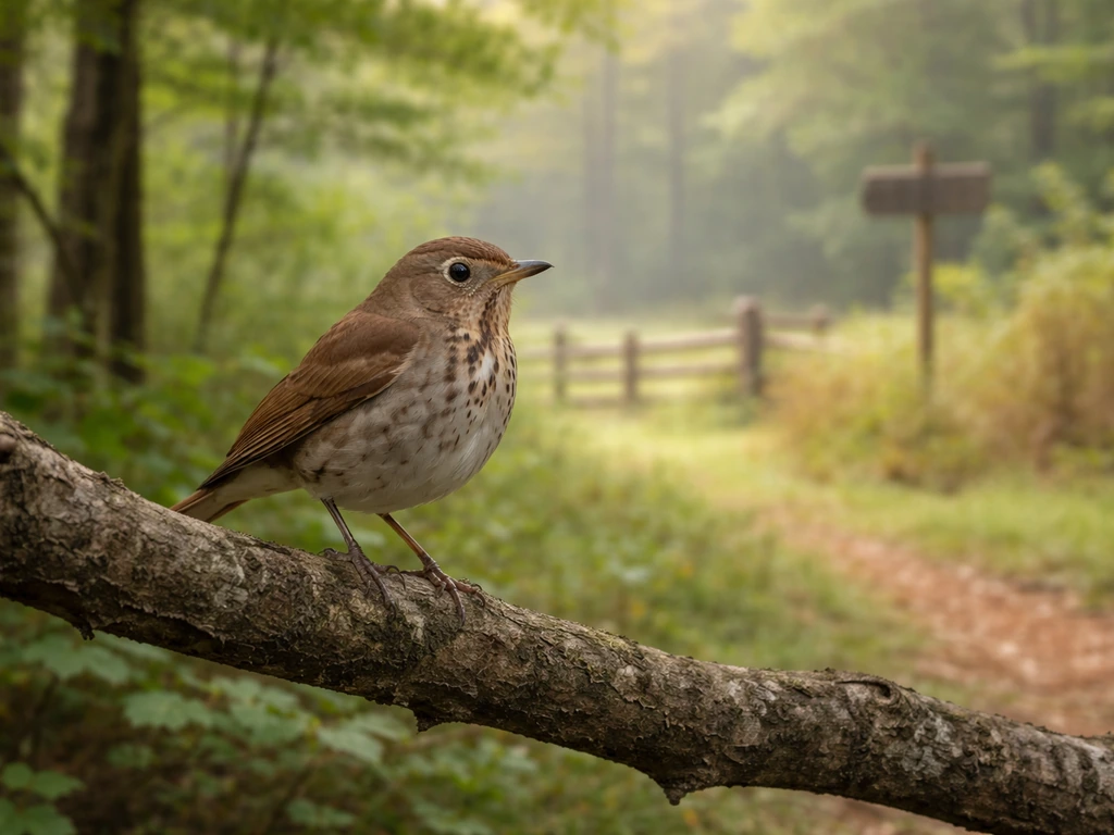 Hermit thrush perched on a branch in a quiet Vermont forest with soft historic countryside backdrop.