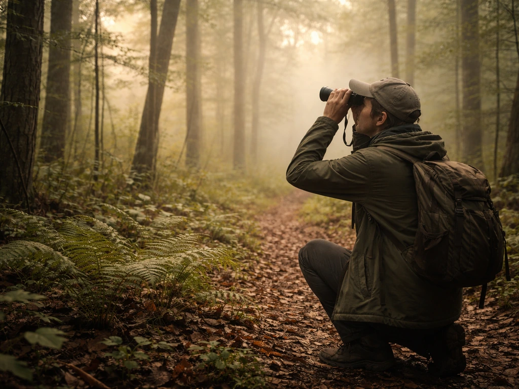Birder in Vermont woodland understory using binoculars at dawn while listening for a hermit thrush