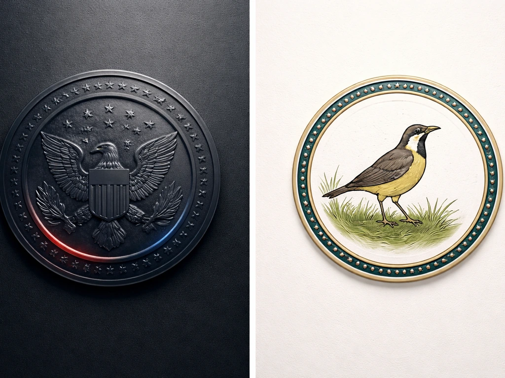 Split image showing an American-themed federal symbol and a generic state-style bird emblem on plain backgrounds.